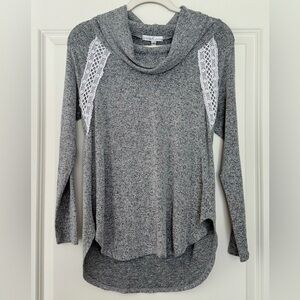 Cozy Gray Sweater Blouse with Lace Detail